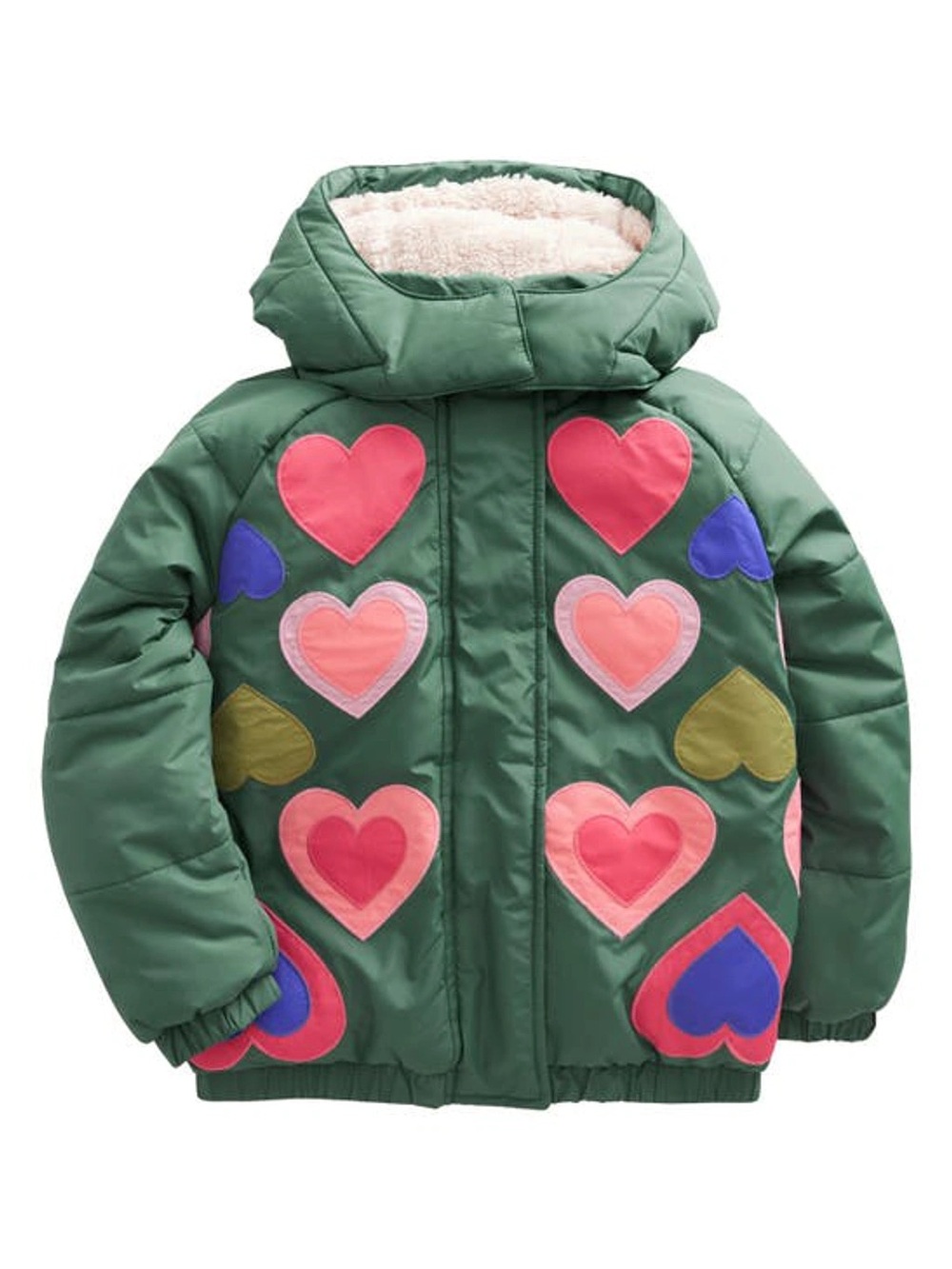 Mini Boden Green Hooded Puffer Jacket with Multicolor Heart Appliqués